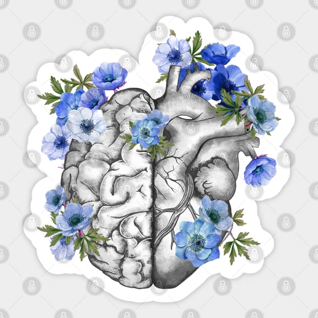 Right balance between head or brain and heart, Half heart and brain, blue anemones flowers anemoneus Sticker by Collagedream